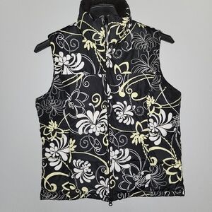 Athleta women's puffer vest size M black floral white goose down and fea…